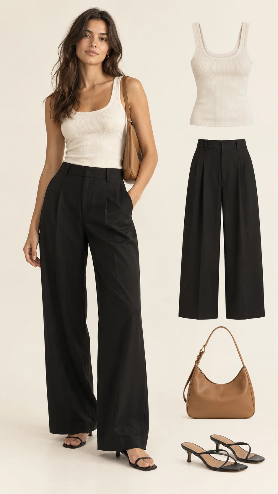 Full-length outfit with an ivory top, black trousers, and tan bag